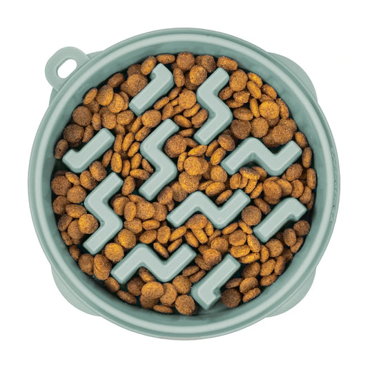 Outward Hound Fun Feeder Notch Sage Large slow feeder dog bowl filled with dry food