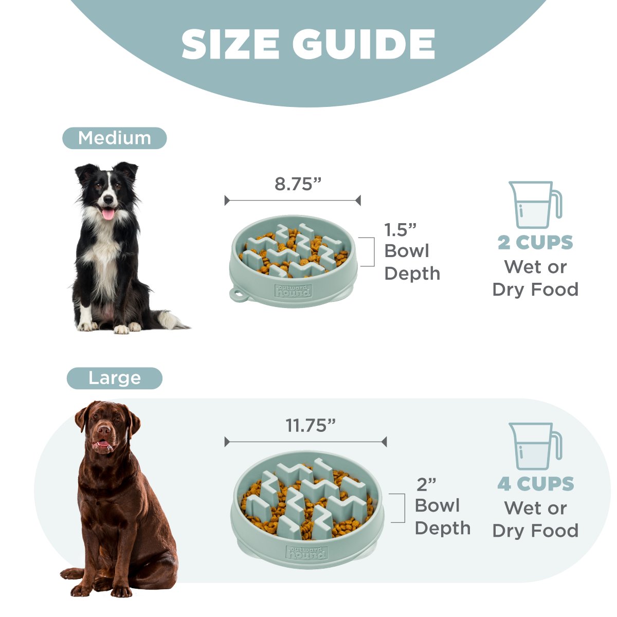 Outward Hound Fun Feeder Notch Sage size guide showing Medium 22.2 cm and Large 29.8 cm bowls