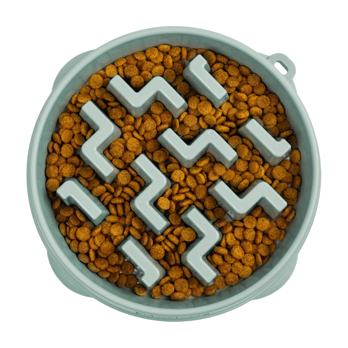 Outward Hound Fun Feeder Notch Sage Medium slow feeder dog bowl filled with dry food