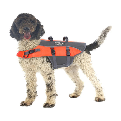 Dog wearing Outward Hound Granby Splash orange life jacket with adjustable straps and rescue handles