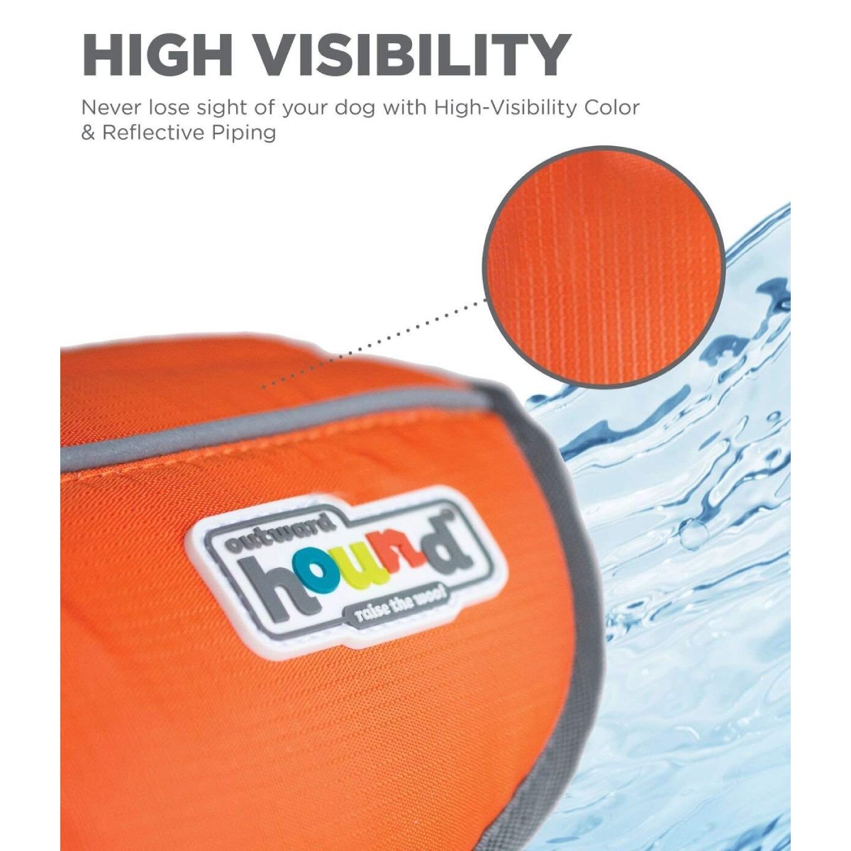 Outward Hound Granby Splash dog life jacket high-visibility orange fabric and reflective piping
