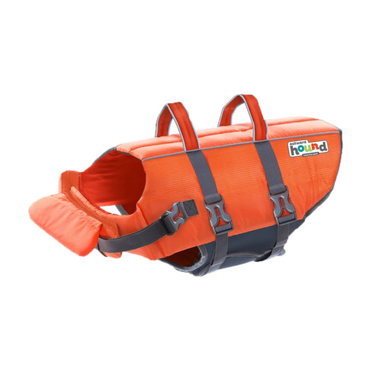 Outward Hound Granby Splash orange dog life jacket side view with adjustable straps and grab handles