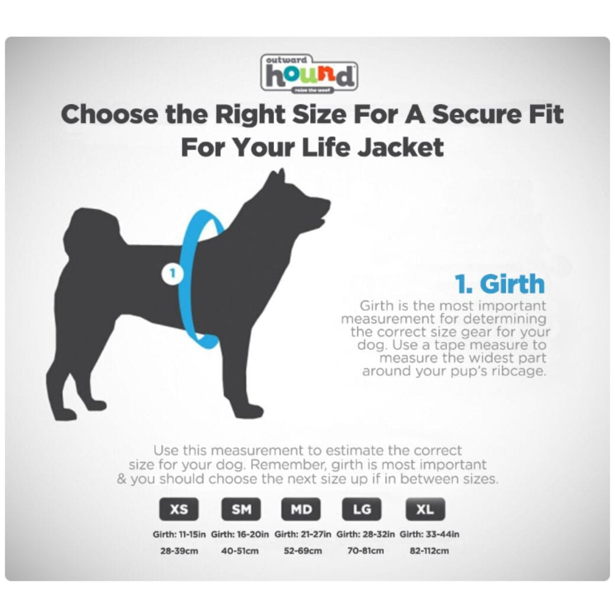 Outward Hound Granby Splash dog life jacket sizing guide showing girth measurements from XS to XL
