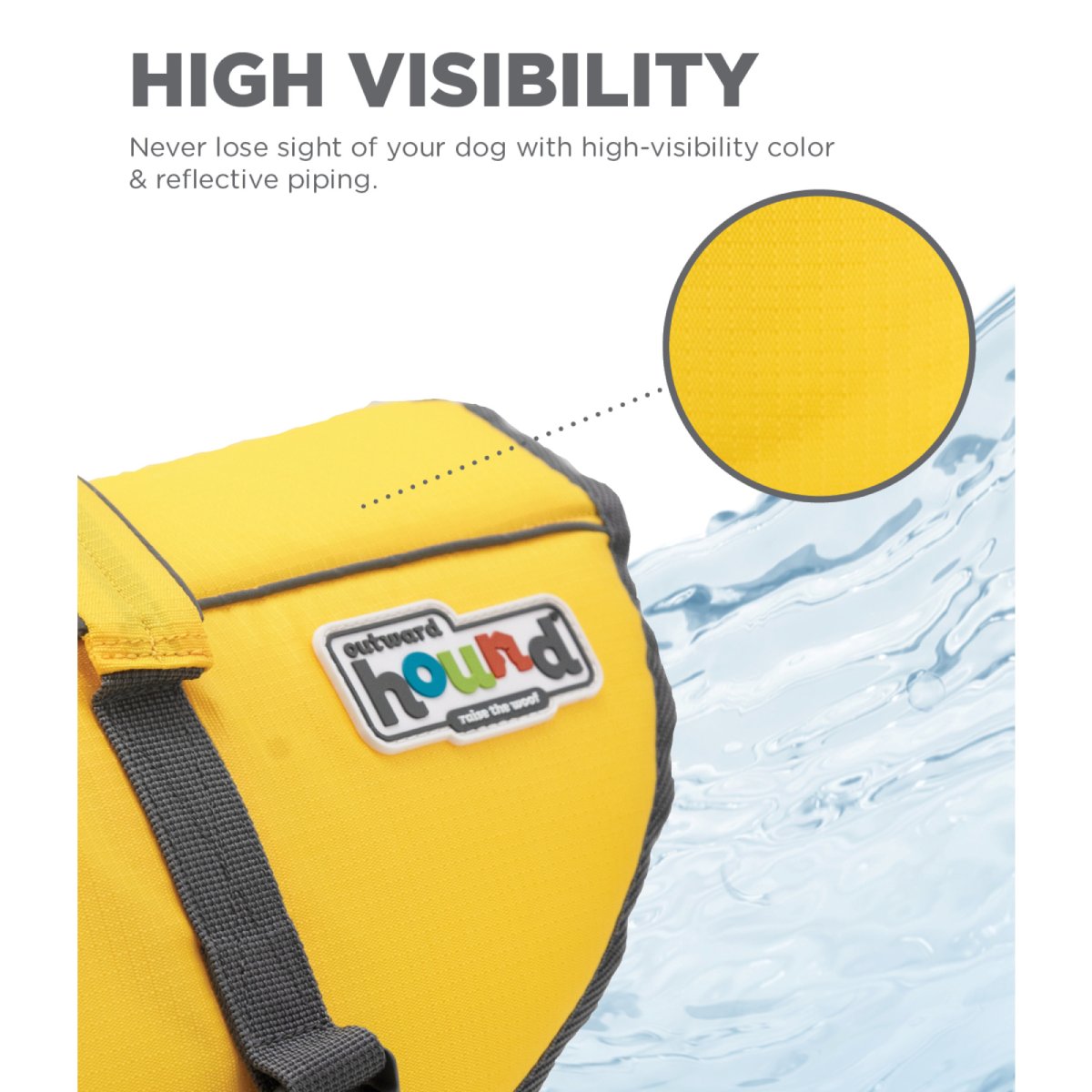 Yellow Outward Hound Granby Splash dog life jacket with high-visibility colour and reflective piping