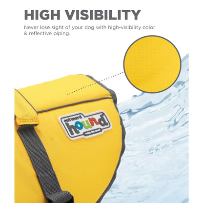 Yellow Outward Hound Granby Splash dog life jacket with high-visibility colour and reflective piping