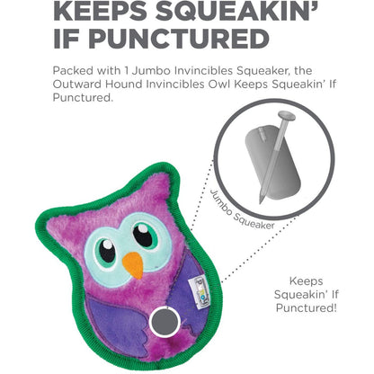 Outward Hound Invincibles Mini Owl with jumbo squeaker designed to keep squeaking if punctured