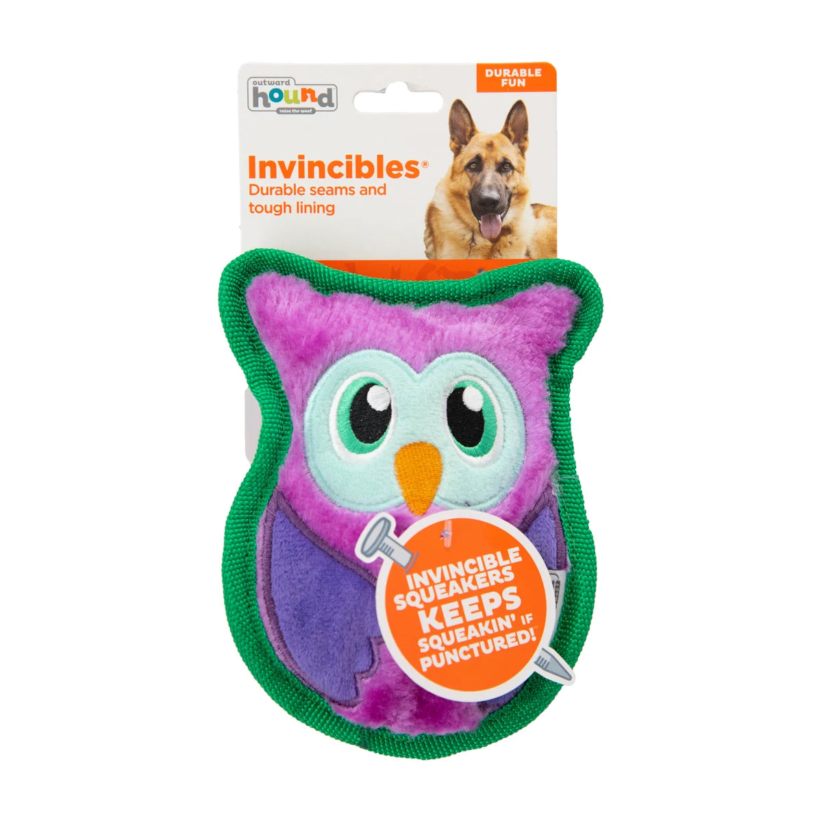 Outward Hound Invincibles Mini Owl purple plush squeaky dog toy in retail packaging