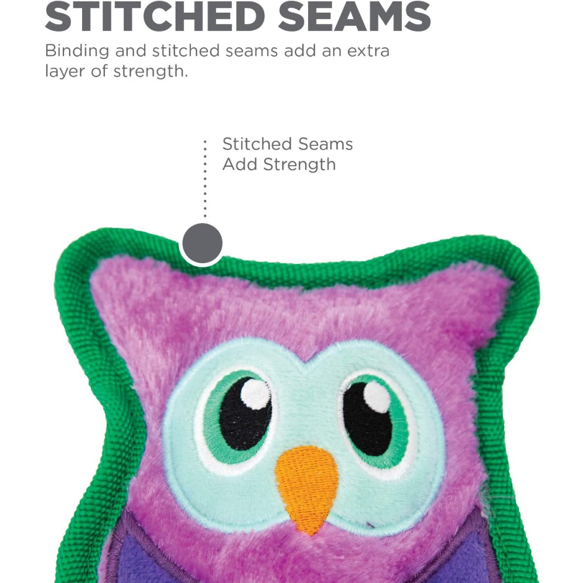 Outward Hound Invincibles Mini Owl plush dog toy showing reinforced binding and stitched seams