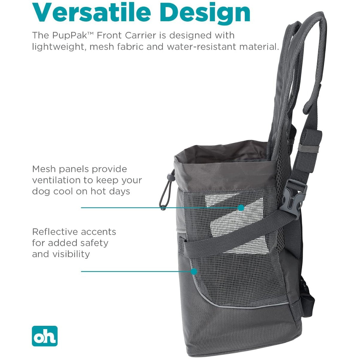 Outward Hound PupPak grey dog carrier with breathable mesh panels and water-resistant material