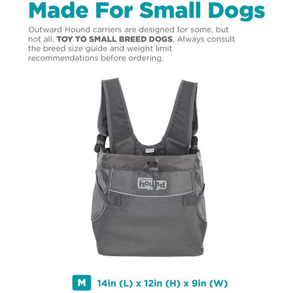 Outward Hound PupPak Front Carrier in grey, medium size guide for small dogs, measuring 35.6 cm L x 30.5 cm H x 22.9 cm W.