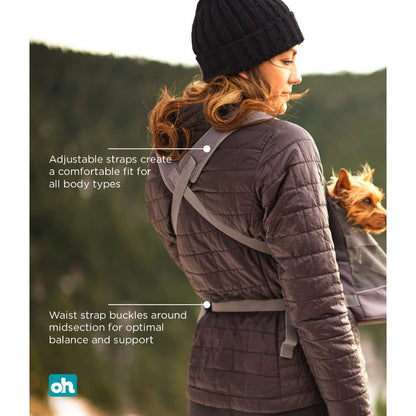 Outward Hound PupPak front dog carrier with adjustable padded straps, harness attachment and drawstring top