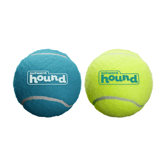 Outward Hound Squeaker Ballz Large 2 Pack with blue and green squeaky tennis-style dog fetch balls