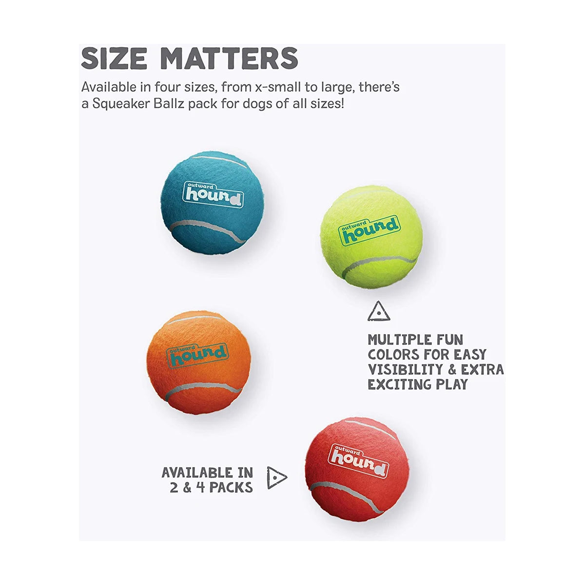 Outward Hound Squeaker Ballz size guide showing colourful squeaky dog fetch balls available from X-Small to Large