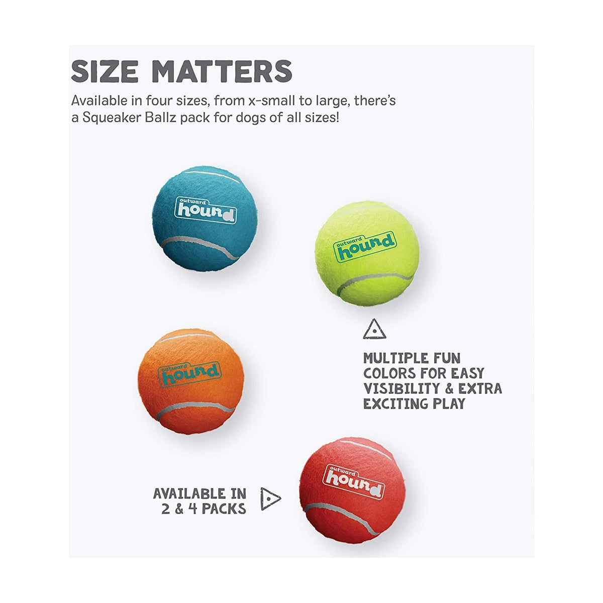 Outward Hound Squeaker Ballz size guide showing X-Small to Large colourful squeaky dog fetch balls
