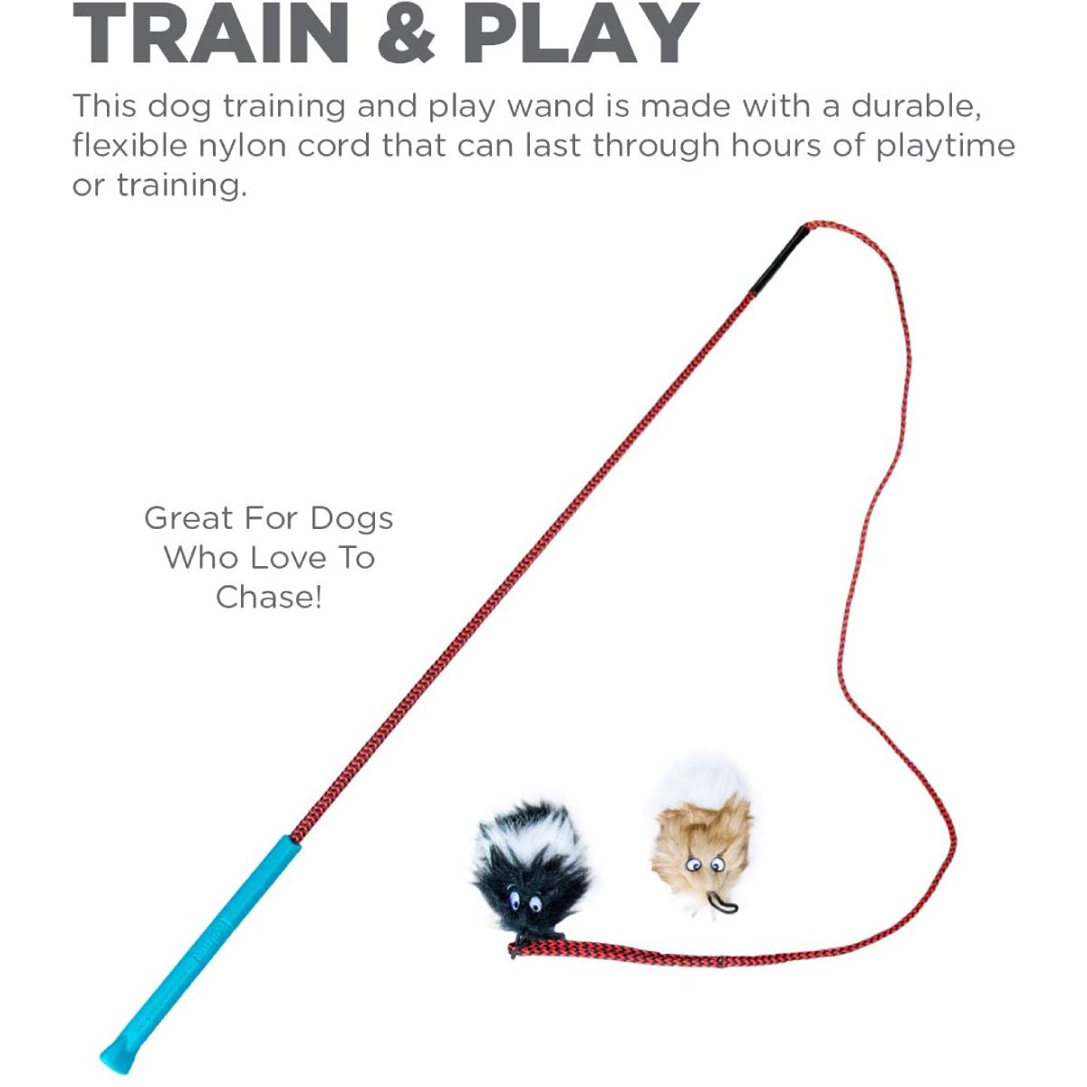Outward Hound Tail Teaser dog wand with flexible nylon cord and two faux-fur lures for training and play