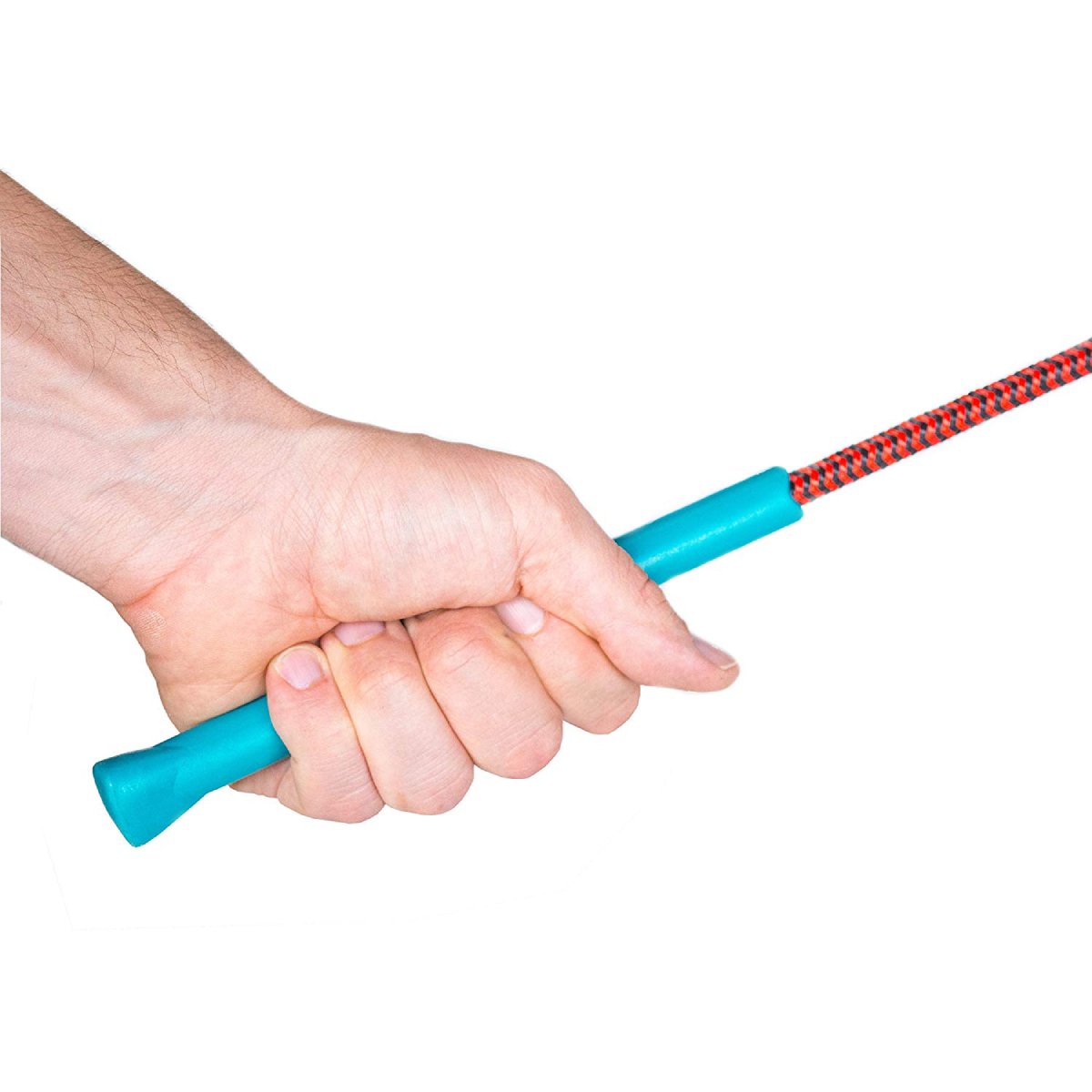 Hand holding the blue handle of the Outward Hound Tail Teaser dog wand