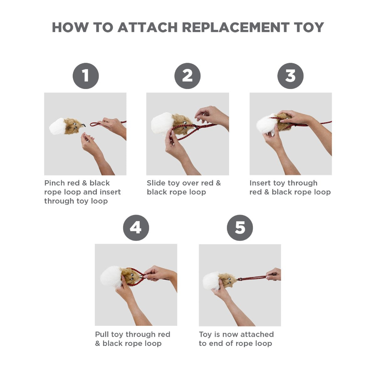 Five-step guide showing how to attach an Outward Hound Tail Teaser replacement lure using the rope loop