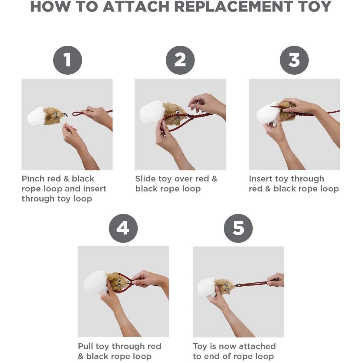 Instructions showing how to attach a replacement lure to the Outward Hound Tail Teaser dog wand