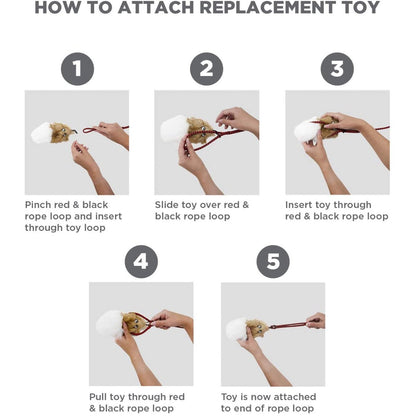 Instructions showing how to attach a replacement lure to the Outward Hound Tail Teaser dog wand