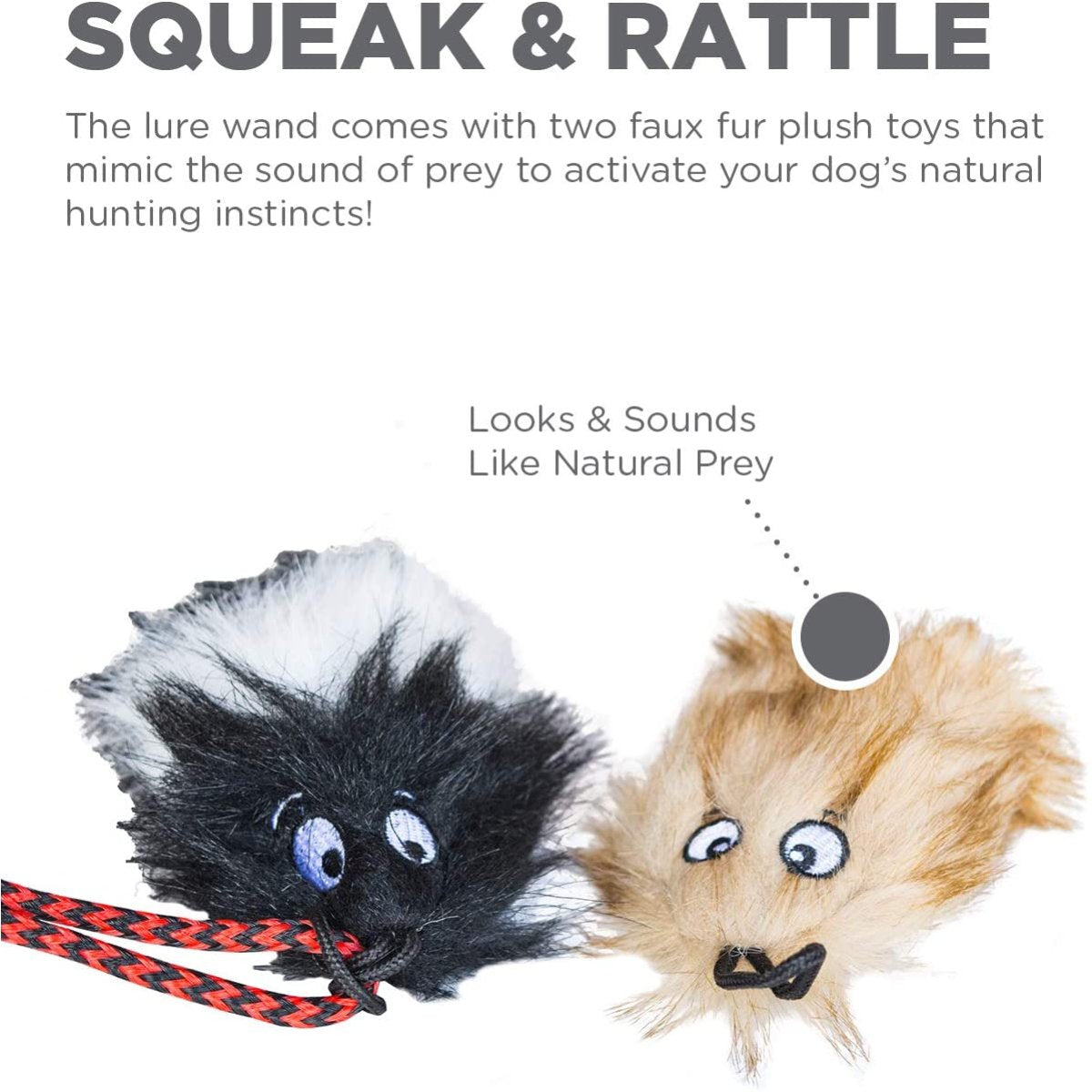 Two faux-fur Outward Hound Tail Teaser dog lures with squeak and rattle sounds