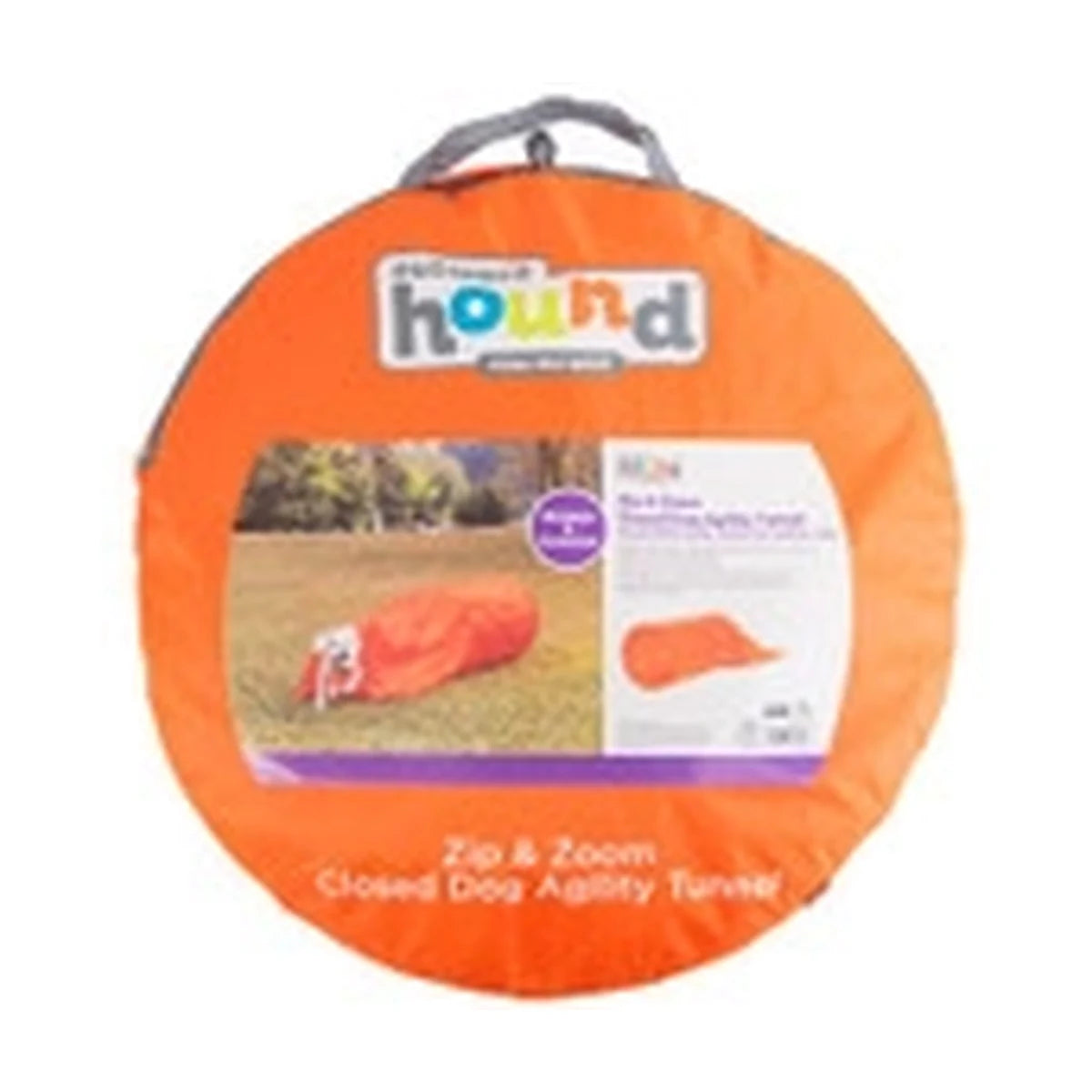 Outward Hound Zip & Zoom Closed Dog Agility Tunnel packed in orange carry bag