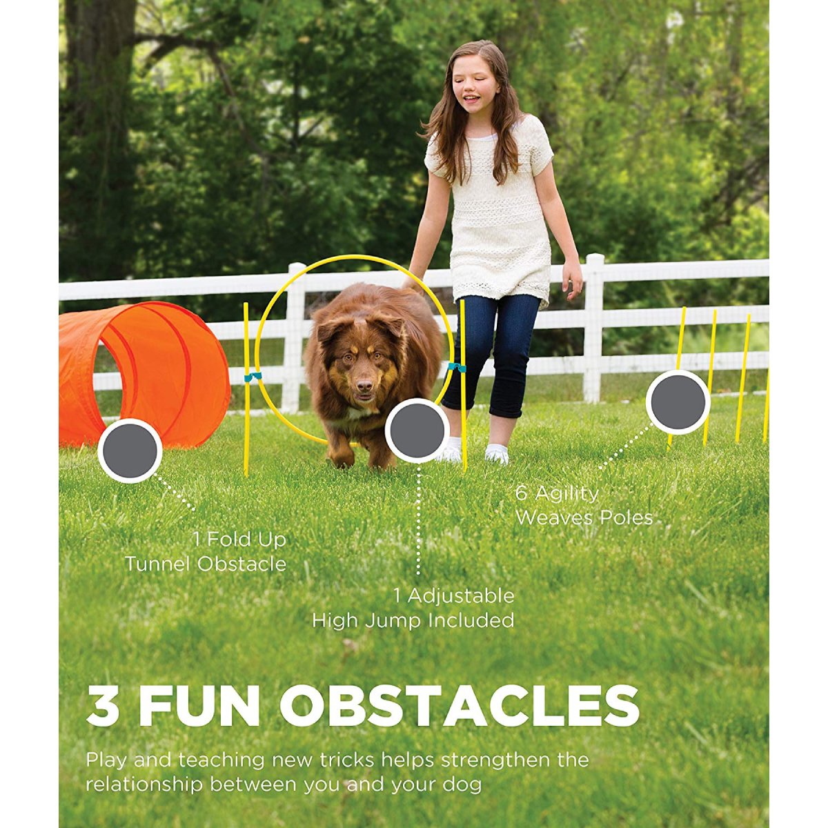 Outward Hound Zip & Zoom dog agility kit showing fold-up tunnel, adjustable hoop jump and six weave poles