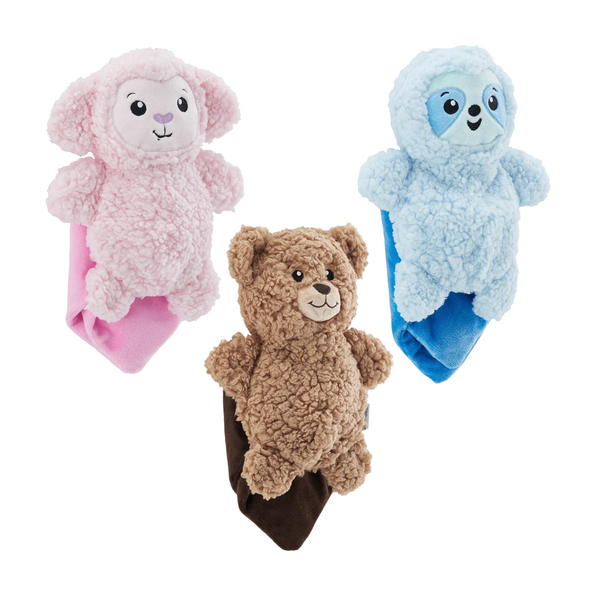 Outward Hound Blanket Buddies plush dog toy variants in Lamb, Bear and Sloth with soft blanket pouch