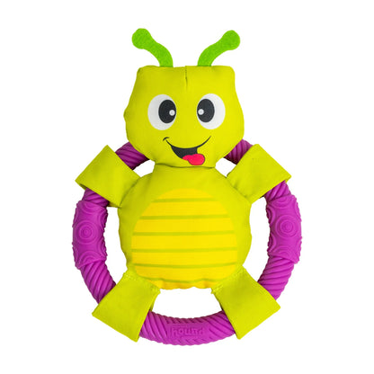 Outward Hound Ring Aroundrz Grasshopper dog chew and tug toy with plush body and textured ring
