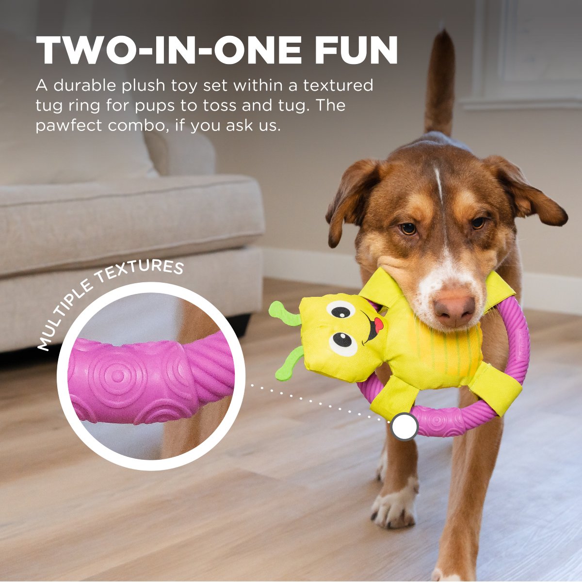 Outward Hound Grasshopper two in one dog toy with plush squeaker and textured tug ring
