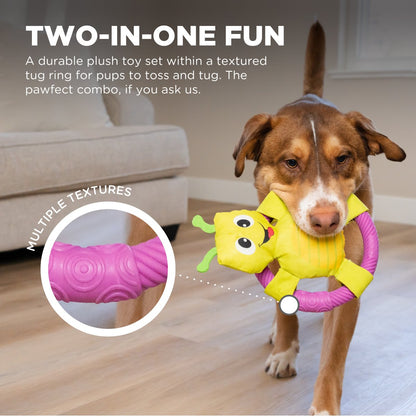 Outward Hound Grasshopper two in one dog toy with plush squeaker and textured tug ring