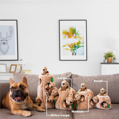Outward Hound Hide-A-Squirrel size comparison for small medium large and extra large dog toys