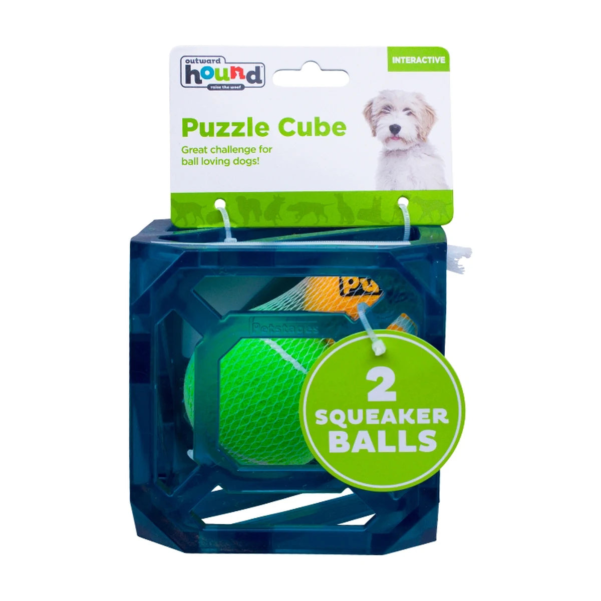 Outward Hound Puzzle Cube dog puzzle toy in packaging with two squeaker balls