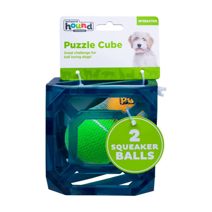 Outward Hound Puzzle Cube dog puzzle toy in packaging with two squeaker balls