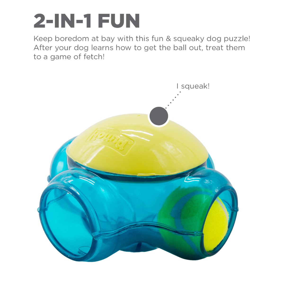 Outward Hound Tennis Maze Craze 2-in-1 dog puzzle toy showing squeaky puzzle play and fetch with tennis ball.