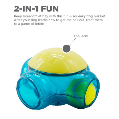 Outward Hound Tennis Maze Craze 2-in-1 dog puzzle toy showing squeaky puzzle play and fetch with tennis ball.
