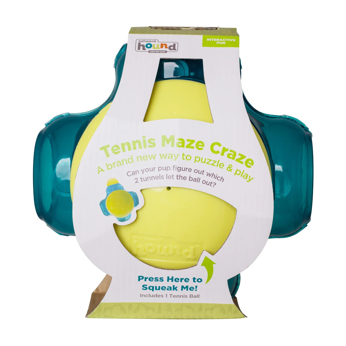 Outward Hound Tennis Maze Craze dog puzzle toy in packaging with tennis ball and squeaky interactive play design.