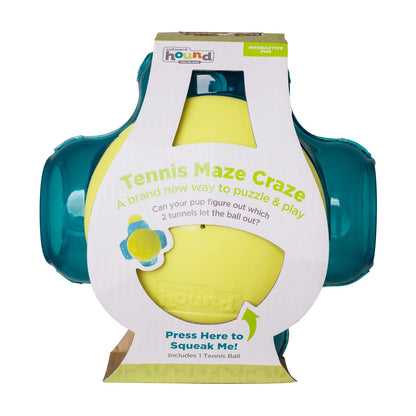 Outward Hound Tennis Maze Craze dog puzzle toy in packaging with tennis ball and squeaky interactive play design.
