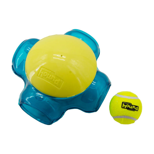 Outward Hound Tennis Maze Craze interactive dog puzzle toy with included tennis ball on a white background.