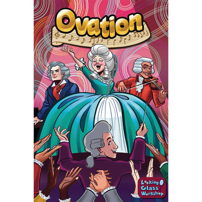 Ovation board game cover art with classical composers and musical performance theme