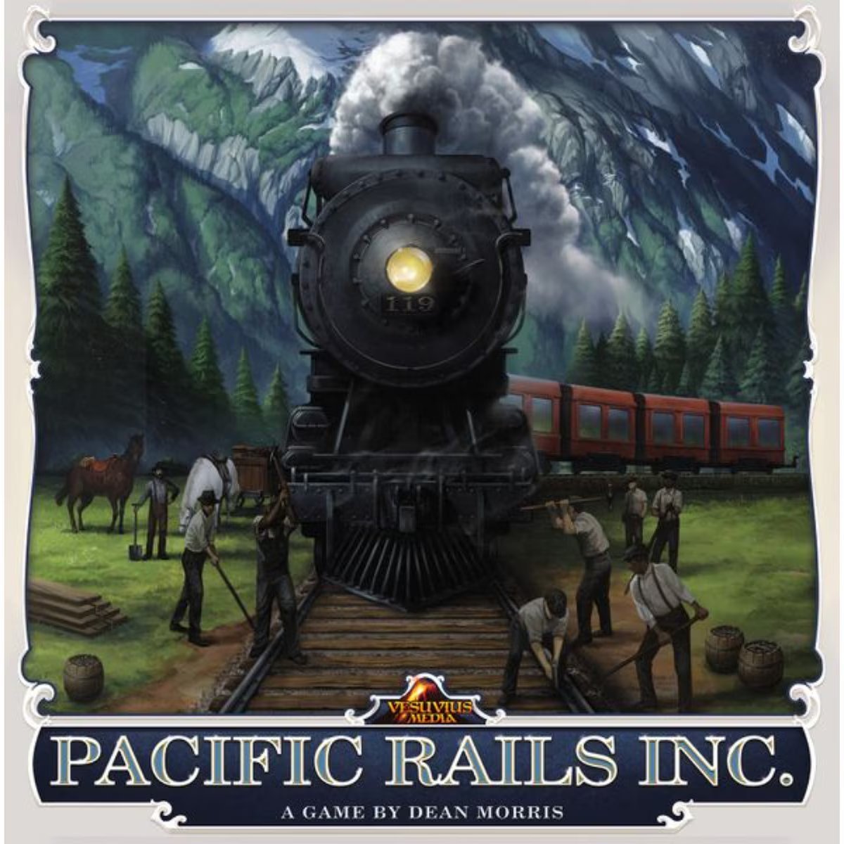 Pacific Rails Inc board game cover showing a steam locomotive and railway workers building track through dramatic mountain scenery