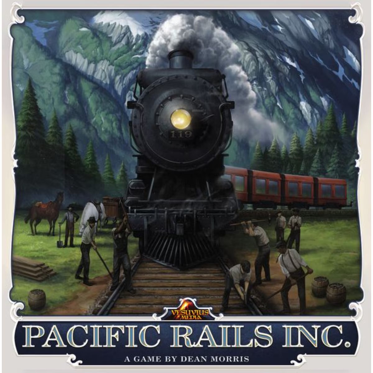 Pacific Rails Inc board game cover showing a steam locomotive and railway workers building track through dramatic mountain scenery