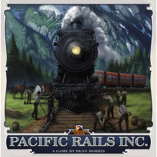 Pacific Rails Inc board game cover showing a steam locomotive and railway workers building track through dramatic mountain scenery
