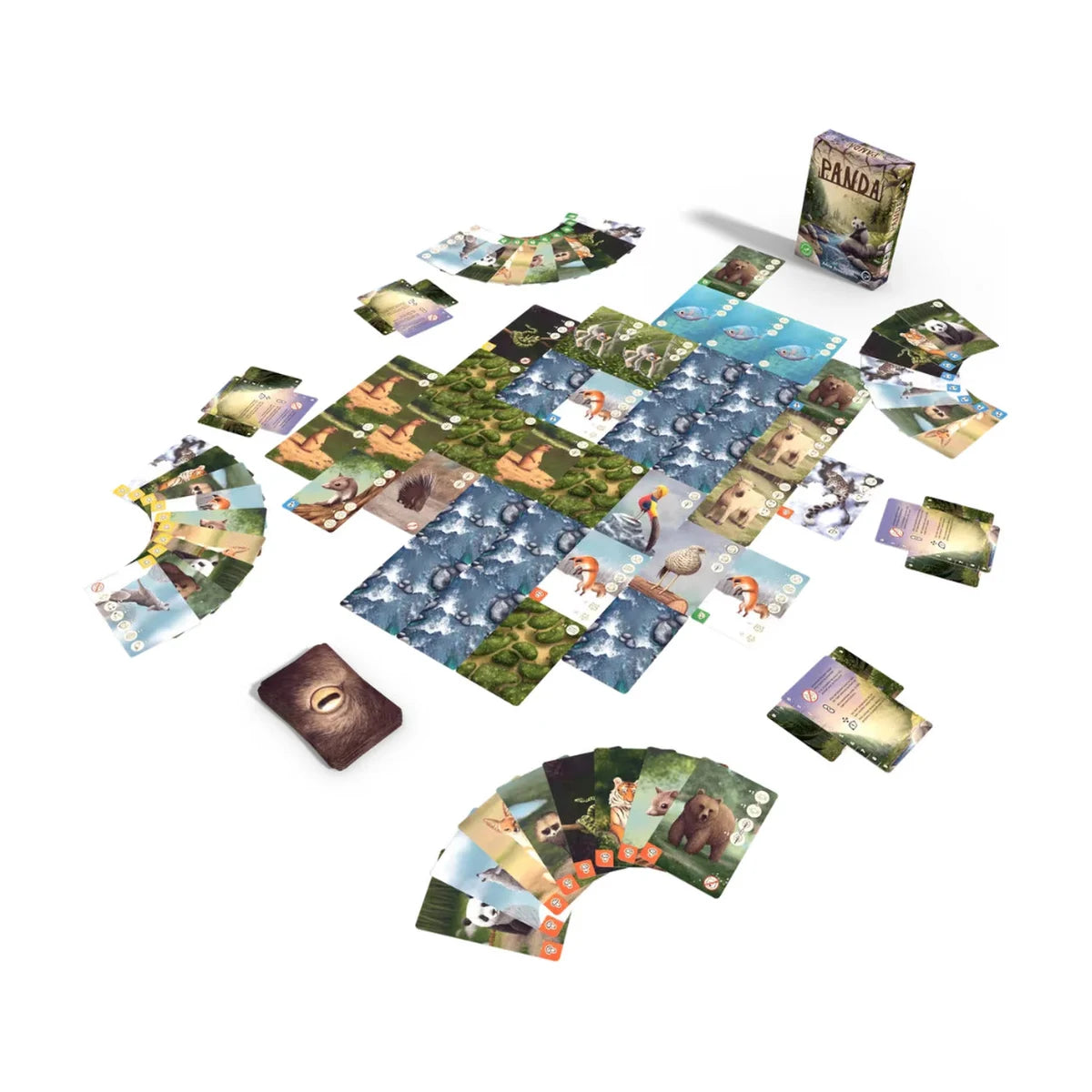 PANDA card game set up with wildlife cards, water cards and player hands around the shared park