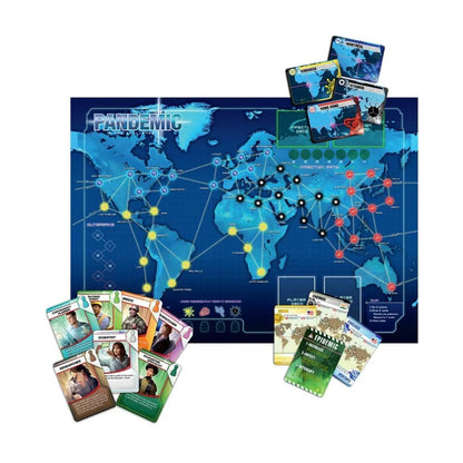 Pandemic board game board with role cards and city cards
