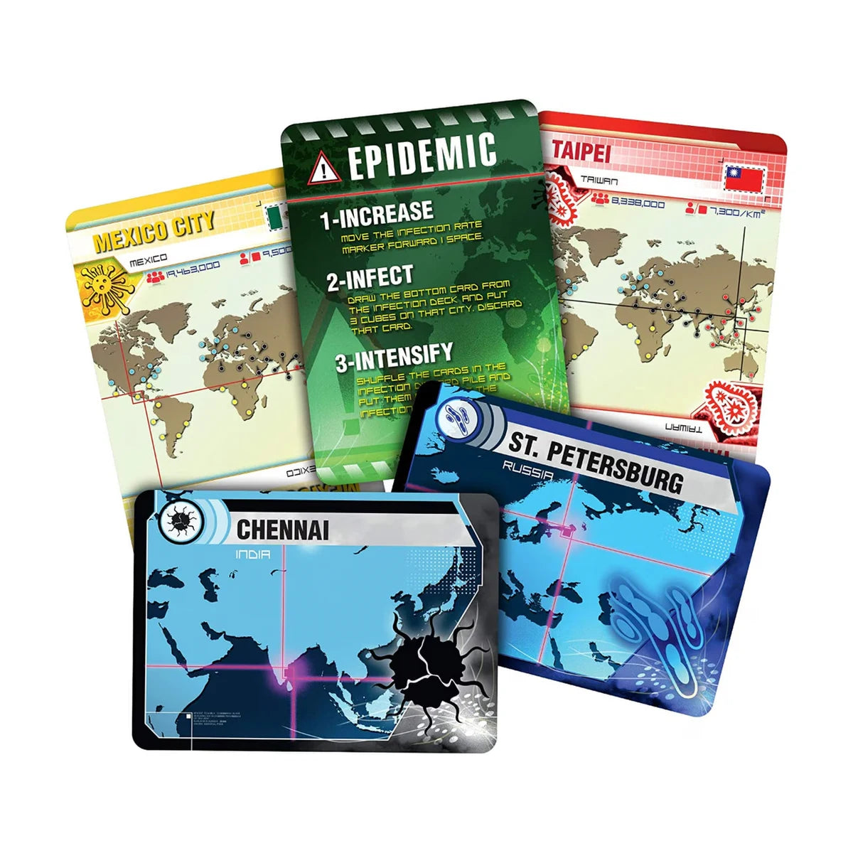Pandemic board game city cards and epidemic card