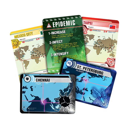 Pandemic board game city cards and epidemic card