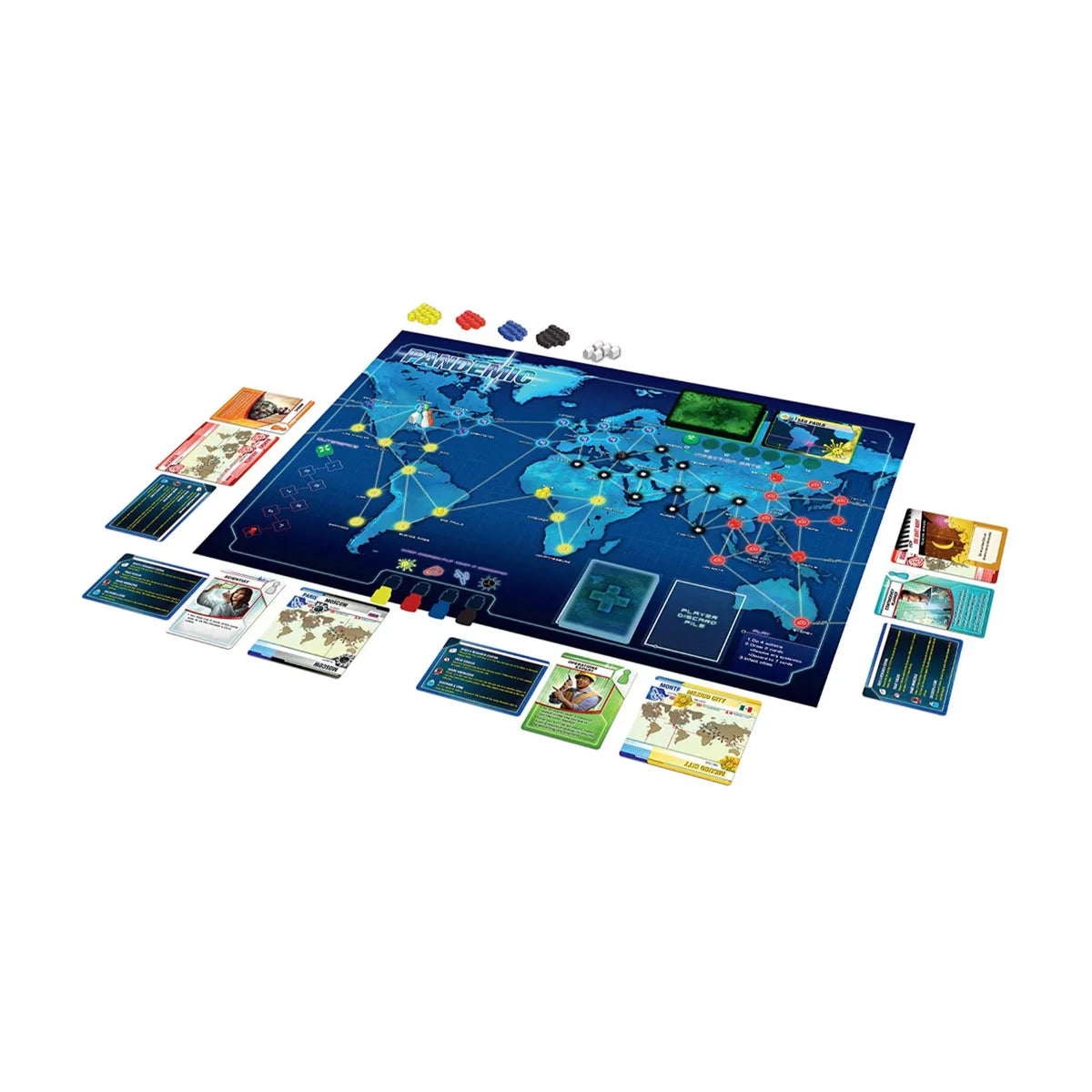 Pandemic board game full setup with board cards and pieces