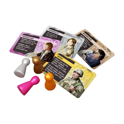 Pandemic Hot Zone North America close-up of character cards and player pawns
