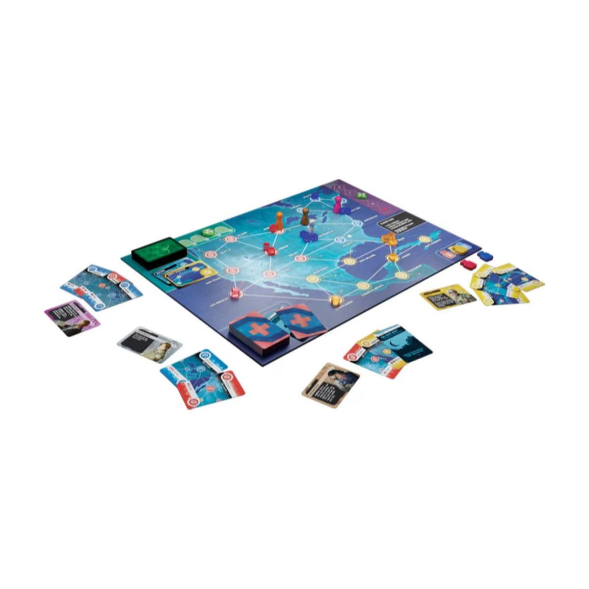 Pandemic Hot Zone North America board game setup with board cards pawns and tokens