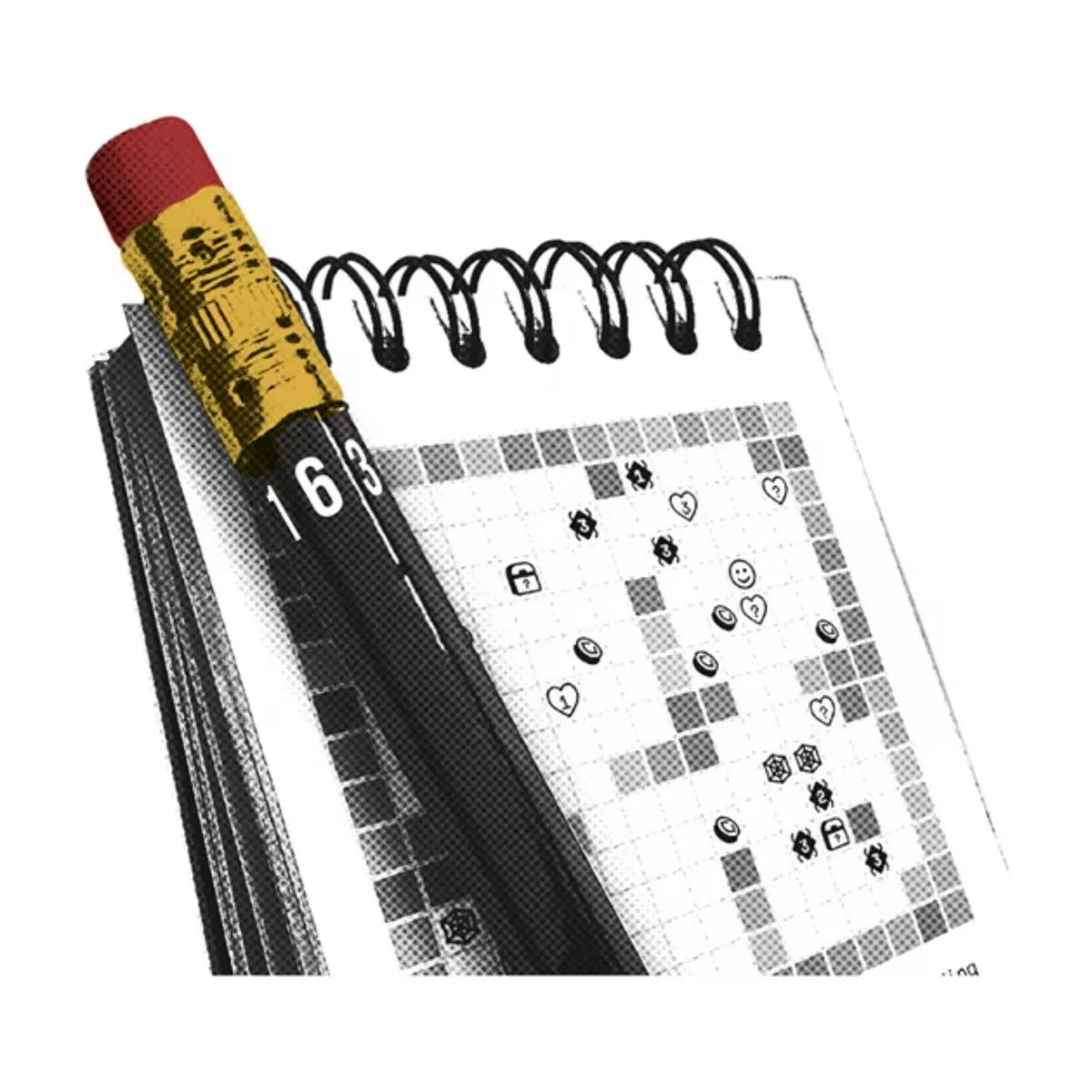 Paper App Dungeon notebook gameplay page with Pencil Die showing roll and draw dungeon exploration